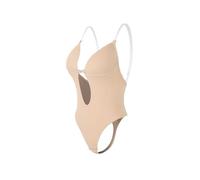 Body moldeador con escote en V profundo for mujer, moldeador de cuerpo con Espalda descubierta, Tanga de inmersión en U, entrenador de cintura, corsé de realce acolchado con correa transparente(A-Beig