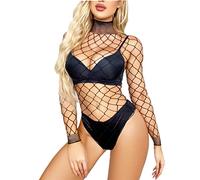 Body Rejilla Sexy Mujer Manga Larga Lencería Transparente ,Ropa Interior Babydoll Elástica La Muñeca,Mono Ajustado Cuello Alto,Bodystockings Una Pieza,Ropa Dormir Tops Huecos San Valentín (Negro)