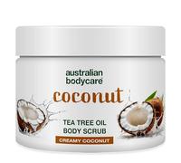 Body Scrub de Australian Bodycare, para hombres y mujeres, 400 ml | Exfoliante con aceite de árbol del té 100% natural + Coco | Para espinillas en la cuerpo, impurezas y pelos encarnados.