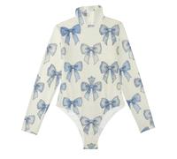 Body Secy de manga larga para mujer, diseño floral azul y blanco, decoración 4, Cinta floral azul y blanca decorativa 4, XXL