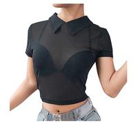 Body Sexy Chic Crop Camisa para Mujer T vía manga manga Tops malla Casual Short Body Cotton, Le Noir, L