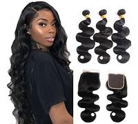 Body Wave - Lote de 3 mechones con cierre, 100 % sin procesar, onda de cuerpo brasileño sin procesar, onda de pelo humano con 4 x 4 partes libres, color de encaje natural (14, 16, 18+12, paquete con