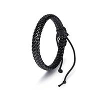 BODYA Pulsera para Hombre y Mujer Negra, Cuerda de Cuero, Tejido Trenzado, muñeca Ajustable 17,78-25,40 cm