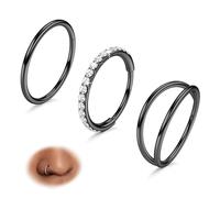 BodyBonita 3 Piezas Piercing Nariz Aros - Acero Inoxidable 316L 20G Anillos Aro Doble Circonia Cúbica Piercing Oreja Septum Tragus Hombre Mujer Daith Rook Helix Piercing Pendientes Aros Negro 8mm