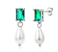 BodyBonita Pendientes Perla Mujer, Aretes con Postes de Plata de Ley 925, Pendientes Hipoalergenicos Mujer, Aretes de Hoja de Ginkgo, Joyería de Moda Color Plata Pearl-Emerald