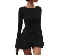 Bodycon Mini Dress for Women Long Sleeve Ruched Twist Front Ruffle Hem (Black,M)