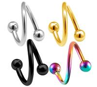 Bodyjewelrytrend - 4 aretes de barra en espiral de 16 g, para cartílago, labio, tragus, cejas, aro helix, barra trenzada, acero quirúrgico, bolas de 3 mm, tamaño de púa, Acero aleado, sin piedra
