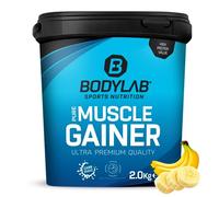 Bodylab24 Pure Muscle Gainer Plátano 2000g, 33g de carbohidratos naturales, 40g de proteína y 12g de grasa por 100g, enriquecido con monohidrato de creatina, ideal para la construcción de masa