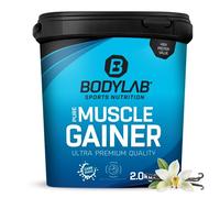 Bodylab24 Pure Muscle Gainer Vainilla 2000g, 33g de carbohidratos naturales, 40g de proteína y 12g de grasa por 100g, enriquecido con monohidrato de creatina, ideal para la construcción de masa