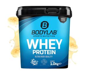 Bodylab24 Whey Protein Powder Plátano 1kg, polvo rico en proteína para músculos más fuertes, la proteína de suero puede promover la construcción de músculo, con 80% de proteína, sin aspartamo