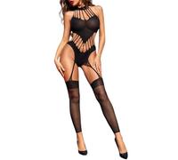 Bodystocking Lencería Halter Rejilla Sexy Mujer,Body Encaje Transparente con Ligueros y Medias,Una Pieza Hueca Elástico Cuello,Ropa Interior Babydoll Dormir, Sin Mangas Fiesta Lingerie (Negro)