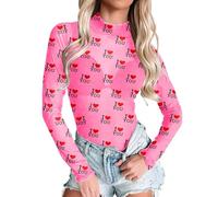 Bodysuit de mujer de manga larga para mujer, color beige estampado I Love You corazón rojo transparente, mono chic para fiesta de San Valentín, traje seductor, rosa fuerte, XL