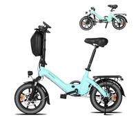 Bodywel T16PRO Bicicleta Eléctrica Plegable, 14" Mini E-Bike, 4.5 Pulgadas Pantalla LED, Batería 36V/7.8Ah, Frenos de Doble Disco y Suspensión Delantera (Aqua Azul+Portaequipajes Trasero)