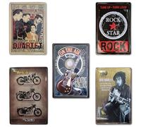 BOEMY Chapas Vintage de Ambiente nocturno y Música | Rock & Guitarra |. Set de 5 Carteles/Placas metálicas decorativas Retro de Musica para pared de Salón, Bar, Estudio | Tamaño 20x30.
