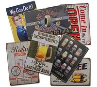 BOEMY Chapas Vintage Pack de 7 Chapas Surtidas | Placas Metálicas Retro para decoración de pared | Tamaño 20x30