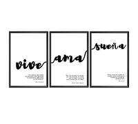 BOEMY Láminas Decorativas para Enmarcar. Set de 3 Láminas Modernas Estilo Nórdico de Frases Motivadoras en Blanco y Negro [ Vive AMA SUEÑA ] Láminas Decorativas para Salón | 30 x 42 cm.