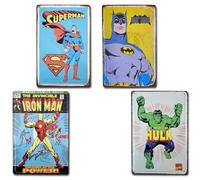BOEMY Pack de 4 Chapas Decorativas de Super Héroes, Placas de Metal con estilo Retro de Personajes de Cómics: Batman, Thor, Hulk, Ironman y Superman | Medidas 20 x 30 cm