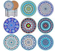 BOENFU Mandala - Posavasos de cerámica de 10 cm con soporte, juego de 8 posavasos de corcho para bebidas, tazas, bar, jarrones, velas, cocina, salón, decoración