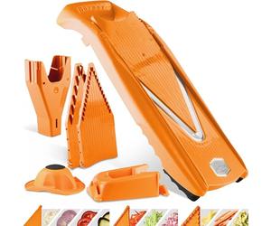 Börner Cortador de Verduras V5 (Set Profesional) • Mandolina en V Ajustable de 7 Piezas • 10 Tipos de Corte • Cortadora con Cuchillas de Acero Inoxidable • Incluye Base • Color: Naranja