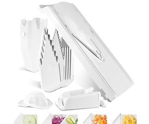 Börner V3 TrendLine Mandolina - Set Profesional - Con 4 Insertos - Blanco | Con Empujador & 4 Insertos & Soporte & Caja - 3 Grosores - Bastones & Dados en 2 Tamaños - Cuchillas Inox - Sin BPA