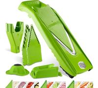 Börner V5 PowerLine Mandolina - Set Profesional - Con Soporte - Verde | Con 3 Insertos & Empujador & Caja - 10 Tipos de Corte - Bastones & Dados en 4 Tamaños - Sin BPA - Made in Germany