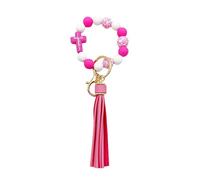 Boethesi Llavero de pulsera para mujer, pulsera de cuentas de leopardo de madera de silicona con borla de poliuretano, soporte para llaves con clip dorado, Rosado, Talla única