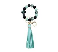 Boethesi Llavero de pulsera para mujer, pulsera de cuentas de leopardo de madera de silicona con borla de poliuretano, soporte para llaves con clip dorado, Verde, Talla única