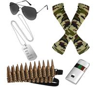 Bofeiya Juego de 5 accesorios para disfraz de cosplay del ejército: manga protectora solar de camuflaje, lentes de sol, pintura facial, placa de perro para adultos, suministros de disfraces de