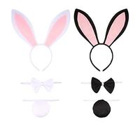 BOFUNX 2 Conjuntos de Accesorios de Conejo Disfraz Conejita Diadema de Orejas Pajarita Cola para Fiesta de Disfraces Cosplay Traje Sets Blanco + Negro 6pcs Mujer Niña Adulto