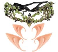 BOFUNX 2 Pares de Orejas de Elfo Suave Soft Elf Ears de Duende+Corona Diadema Flores Hojas de Hada Guirnalda Floral Bohemia Accessorios Cosplay Anime Disfraz de Fiesta Halloween Carnaval