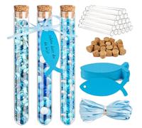 BOFUNX 20pcs Tubo de Ensayo Plástico Transparente Probetas 150x14mm con Corcho+20pcs Etiqueta Papel en Pez+10m Cinta Azul Regalo para Bautizos Comunión Boda Revelaciones de Género para Dulces Flores