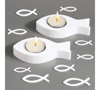 BOFUNX 2pcs Candelabro de Comunión Portavelas de Bautizo en Pez de Madera Soporte para Velas Candle Holder+30pcs Confeti Peces Adornos Decoración Mesa de Bautizo Bautismo Comunion Boda Cena Fiesta