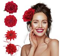 BOFUNX 4pcs Flor Broche Clips de Pelo de Flor Horquillas con Rosas Tocado Pinza para Cabello Accesorios para Bailarina de Flamenco Novia Mujer Niña para Fiestas Sevillana Boda
