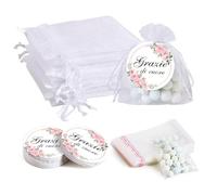 BOFUNX 50pcs Bolsas de Organza+50pcs Etiquetas Italianas de Agradecimiento Grazie di cuore+100pcs Bolsa de Celofán Transparente de Regalo para Dulces Confeti Boda Cumpleaños Fiestas Bautismo Comunión