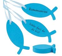 BOFUNX 50pcs Etiqueta de Papel en Pez de Regalo Comunion 6.5x2.5cm Tarjetas Regalo+10m Cintas de Satén Cuerda Azul para Bautizos Bautismo Comunión Boda Revelaciones de Género Fiestas