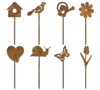 BOFUNX 8pcs Letreros de Césped de Metal Hierro Oxidado Señales de Jardín con Estacas Figuras de Flor Pájaro Corazón Mariposa Adornos Decoración de Exterior para Césped Patio al Aire Libre