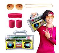 BOFUNX Conjunto de Disfraces de Hip Hop Rapero Accesorios de Pulsera+Diadema+Collar de cadena+Gafas+Boom Box Inflable Disfraz de los Años 80 90s Decoración de Fiesta Cosplay para Adultos Chicos
