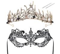 BOFUNX Corona Barroca Tiara Gótica de Reina y Máscara de Encaje Negro Disfraces Cosplay Accesorio Gótico Disfraz para Mujer Niña Adulto de Fiesta Festival Halloween Carnaval