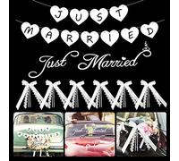 BOFUNX Decoración de Coche de Boda 1pcs Just Married Banner Bandera Guirnalda+6pcs Lazos Blancos de Coche Moños Boda+1pcs Just Married Pegatina de Vinilo Adornos para Coche Banquete de Boda