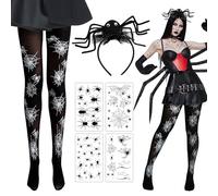 BOFUNX Disfraces de Halloween Diadema de Araña+Medias Rejilla para Mujer+Tatuajes Temporales Telaraña Accesorios para Disfraz Cosplay de Terror de Fiestas Halloween Carnaval