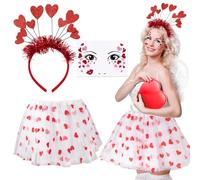 BOFUNX Falda Tutú Blanca Falda Tul Mujer Minifald Diadema de Corazones+Pegatinas Faciales Accesorios Disfraces Cosplay Cupido Disfraz de Día San Valentín Fiesta Temática Carnaval Halloween
