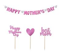BOFUNX Guirnalda de banderines Banner Happy Mother's Day+24pcs Topper Tarta de Best Mom Corazón Adornos Decoración del Feliz Día de Madre Hogar Tartas Cake Pastel Postre Cupcake Fiesta Cumpleaños