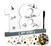 BOFUNX Libro de Visitas para Cumpleaños 18 Años Tarjeta Felicitación de Madera+Confeti de Cumpleaños+Bolígrafo Regalo Decoración Número 18 Happy Birthday