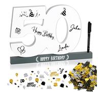 BOFUNX Libro de Visitas para Cumpleaños 50 Años Tarjeta Felicitación de Madera+Confeti de Cumpleaños+Bolígrafo Regalo Decoración Número 50 Happy Birthday