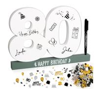 BOFUNX Libro de Visitas para Cumpleaños 80 Años Tarjeta Felicitación de Madera+Confeti de Cumpleaños+Bolígrafo Regalo Decoración Número 80 Happy Birthday