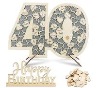BOFUNX Libro Firmas de Visitas para Cumpleaños 40 Años Tarjeta Felicitación de Madera+80pcs Corazones para Escribir+Letrero de Número 40 Happy Birthday Regalo Feliz Cumpleaños Decoración Mesa Hogar
