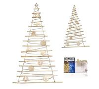 BOGATECO Árbol de Navidad hecho a mano de 205 cm de alto con decoraciones, colgante decorativo, con luces LED de 10 m, placas de madera de avellana unidas a una cuerda de yute con un grosor