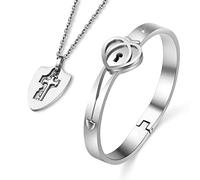 BOGEEL Juego de pulsera con candado y collar para llave, brazalete de corazón para hombres y mujeres, joyería de acero para aniversario de boda