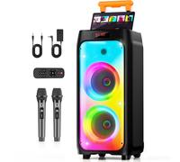 HWWR Máquina de karaoke con 2 micrófonos inalámbricos, altavoz de karaoke Bluetooth portátil para exteriores, altavoz de fiesta grande con luces de discoteca para reuniones, el mejor regalo para