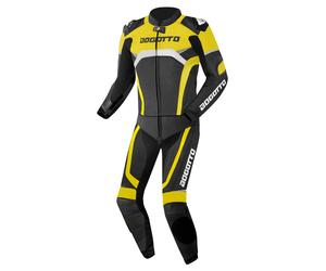 Bogotto Misano Moto de cuero de dos piezas, Negro/blanco/neón amarillo, Talla 46